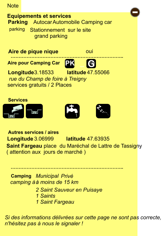 3.18533 47.55066 Equipements et services Aire de pique nique  Note Autocar Automobile Camping car Parking Aire pour Camping Car  Camping Longitude latitude Si des informations délivrées sur cette page ne sont pas correcte,  n'hésitez pas à nous le signaler !  …………………………………………………………….. ……………………………………………………………..  Autres services / aires  Services ayant - Z Z Z Z Z Z Z Z G gratuit PK parking oui camping à :  Municipal Privé    Stationnement  sur le site      grand parking  rue du Champ de foire à Treigny  services gratuits / 2 Places Longitude latitude 3.06999 47.63935 Saint Fargeau place  du Maréchal de Lattre de Tassigny ( attention aux  jours de marché )  à moins de 15 km 2 Saint Sauveur en Puisaye 1 Saints 1 Saint Fargeau