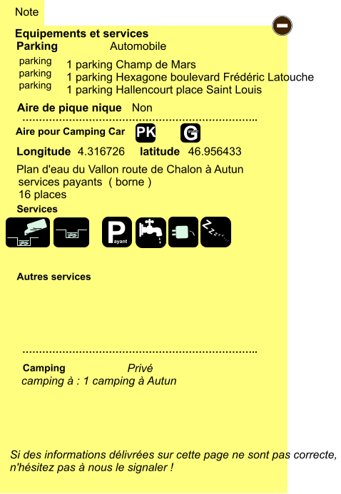 Equipements et services Aire de pique nique  Note Automobile Parking Aire pour Camping Car  Camping Longitude latitude Si des informations délivrées sur cette page ne sont pas correcte,  n'hésitez pas à nous le signaler !  …………………………………………………………….. …………………………………………………………….. Non  Autres services  Services - P ayant Z Z Z Z Z Z Z Z G gratuit PK parking parking parking camping à : 1 camping à Autun  Privé  1 parking Champ de Mars 1 parking Hexagone boulevard Frédéric Latouche 1 parking Hallencourt place Saint Louis   Plan d'eau du Vallon route de Chalon à Autun 4.316726 46.956433 services payants  ( borne ) 16 places
