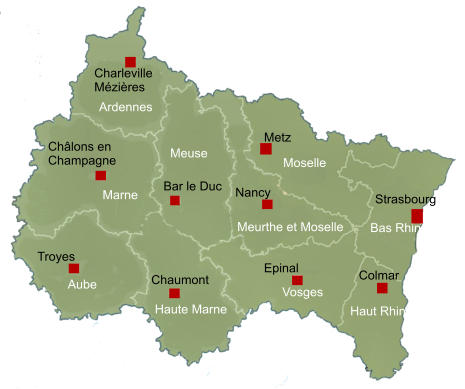 Charleville Mézières Châlons en  Champagne Troyes Bar le Duc Chaumont Epinal Nancy Metz Colmar Strasbourg Bas Rhin Haut Rhin Moselle Meurthe et Moselle Vosges Haute Marne Aube Marne Meuse Ardennes