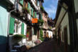 Eguisheim-rue pavée-maisons colorées avec volets vert