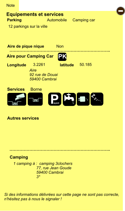 Equipements et services Aire de pique nique  Note Automobile Camping car Parking Aire pour Camping Car Camping Longitude latitude Si des informations délivrées sur cette page ne sont pas correcte,  n'hésitez pas à nous le signaler !  1 camping à :  camping 3clochers 77, rue Jean Goude 59400 Cambrai 3*     …………………………………………………………….. …………………………………………………………….. Non  3.2261 50.185 Autres services   Services  - PK 12 parkings sur la ville Aire  92 rue de Douai 59400 Cambrai Borne P ayant Z Z Z Z Z Z Z Z