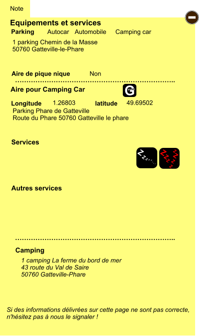 Equipements et services  1 parking Chemin de la Masse 50760 Gatteville-le-Phare         Aire de pique nique  Note Autocar Automobile Camping car Parking Aire pour Camping Car Camping Longitude latitude Si des informations délivrées sur cette page ne sont pas correcte,  n'hésitez pas à nous le signaler !  1 camping La ferme du bord de mer 43 route du Val de Saire 50760 Gatteville-Phare     …………………………………………………………….. …………………………………………………………….. Non  1.26803 49.69502 Autres services  Services - Z Z Z Z Z Z Z Z Z Z Z Z Z Z Z Z G gratuit Parking Phare de Gatteville Route du Phare 50760 Gatteville le phare