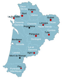 Niort La Rochelle Poitiers Guéret Tulle Périgueux Angoulème Bordeaux Agen Mont de Marsan Pau Pyrénées Atlantiques Landes Lot et Garonne Gironde Dordogne Corrèze Creuse Haute Vienne Charente Charente Maritime Deux Sèvres Vienne Limoges