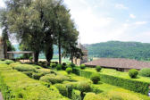 Vezac : les jardins de Marquessac : alignement de buis taillés et château