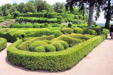 Vezac : les jardins de Marquessac : alignement en rond de buis taillés et arbres