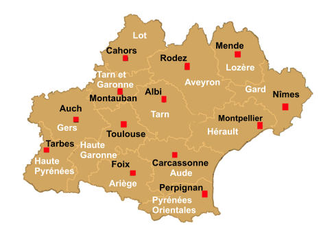 Cahors Rodez Mende Nîmes Montpellier Albi Carcassonne Perpignan Foix Toulouse Auch Tarbes Lozère Pyrénées  Orientales Ariège Haute  Pyrénées Gers Tarn et  Garonne  Lot Aveyron Tarn Aude Montauban Haute  Garonne Gard Hérault