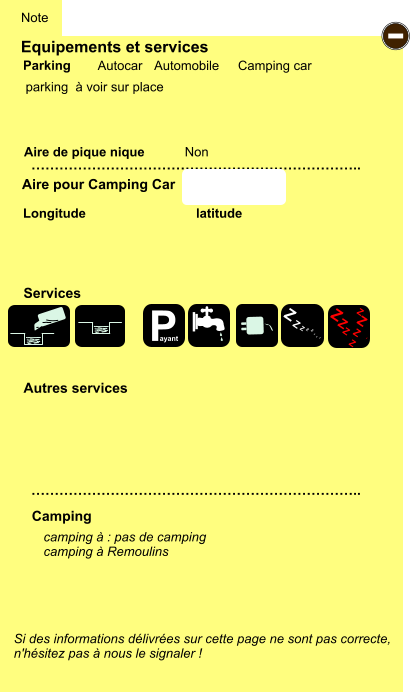 Equipements et services  parking  à voir sur place       Aire de pique nique  Note Autocar Automobile Camping car Parking Aire pour Camping Car Camping Longitude latitude Si des informations délivrées sur cette page ne sont pas correcte,  n'hésitez pas à nous le signaler !  camping à : pas de camping camping à Remoulins  …………………………………………………………….. …………………………………………………………….. Non Autres services  Services P ayant - P ayant Z Z Z Z Z Z Z Z Z Z Z Z Z Z Z Z G gratuit PK