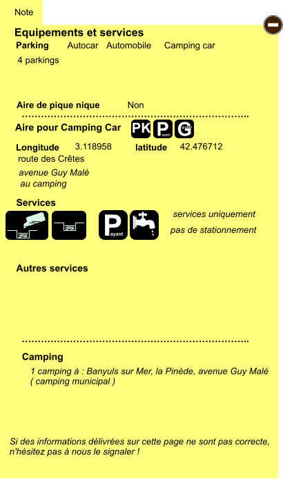 Equipements et services  4 parkings       Aire de pique nique  Note Autocar Automobile Camping car Parking Aire pour Camping Car Camping Longitude latitude Si des informations délivrées sur cette page ne sont pas correcte,  n'hésitez pas à nous le signaler !  1 camping à : Banyuls sur Mer, la Pinède, avenue Guy Malé ( camping municipal )   …………………………………………………………….. …………………………………………………………….. Non  3.118958 42.476712 Autres services  Services P ayant - P ayant G gratuit PK route des Crêtes avenue Guy Malé au camping services uniquement pas de stationnement