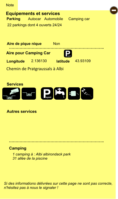 Equipements et services  22 parkings dont 4 ouverts 24/24      Aire de pique nique  Note Autocar Automobile Camping car Parking Aire pour Camping Car Camping Longitude latitude Si des informations délivrées sur cette page ne sont pas correcte,  n'hésitez pas à nous le signaler !  1 camping à : Albi albirondack park 31 allée de la piscine    …………………………………………………………….. …………………………………………………………….. Non  2.136130 43.93109 Autres services  Services P ayant - P ayant Z Z Z Z Z Z Z Z Chemin de Pratgraussals à Albi