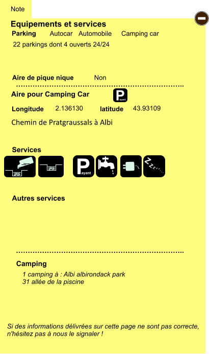 Equipements et services  22 parkings dont 4 ouverts 24/24      Aire de pique nique  Note Autocar Automobile Camping car Parking Aire pour Camping Car Camping Longitude latitude Si des informations délivrées sur cette page ne sont pas correcte,  n'hésitez pas à nous le signaler !  1 camping à : Albi albirondack park 31 allée de la piscine    …………………………………………………………….. …………………………………………………………….. Non  2.136130 43.93109 Autres services  Services P ayant - P ayant Z Z Z Z Z Z Z Z Chemin de Pratgraussals à Albi