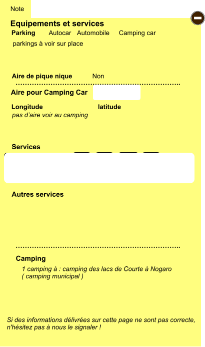 Equipements et services  parkings à voir sur place       Aire de pique nique  Note Autocar Automobile Camping car Parking Aire pour Camping Car Camping Longitude latitude Si des informations délivrées sur cette page ne sont pas correcte,  n'hésitez pas à nous le signaler !  1 camping à : camping des lacs de Courte à Nogaro ( camping municipal )     …………………………………………………………….. …………………………………………………………….. Non Autres services  Services P ayant - P ayant Z Z Z Z Z Z Z Z Z Z Z Z Z Z Z Z G gratuit PK pas d’aire voir au camping