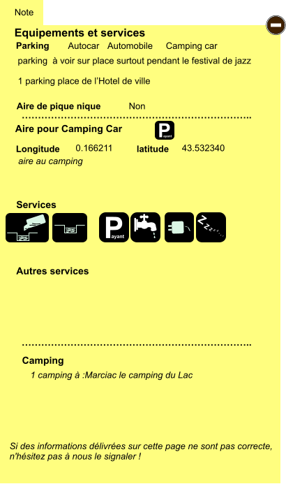 Equipements et services  parking  à voir sur place surtout pendant le festival de jazz   1 parking place de l’Hotel de ville    Aire de pique nique  Note Autocar Automobile Camping car Parking Aire pour Camping Car Camping Longitude latitude Si des informations délivrées sur cette page ne sont pas correcte,  n'hésitez pas à nous le signaler !  1 camping à :Marciac le camping du Lac     …………………………………………………………….. …………………………………………………………….. Non  0.166211 43.532340 Autres services  Services P ayant - P ayant Z Z Z Z Z Z Z Z aire au camping