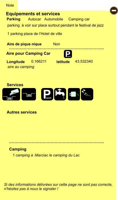 Equipements et services  parking  à voir sur place surtout pendant le festival de jazz   1 parking place de l’Hotel de ville    Aire de pique nique  Note Autocar Automobile Camping car Parking Aire pour Camping Car Camping Longitude latitude Si des informations délivrées sur cette page ne sont pas correcte,  n'hésitez pas à nous le signaler !  1 camping à :Marciac le camping du Lac     …………………………………………………………….. …………………………………………………………….. Non  0.166211 43.532340 Autres services  Services P ayant - P ayant Z Z Z Z Z Z Z Z aire au camping