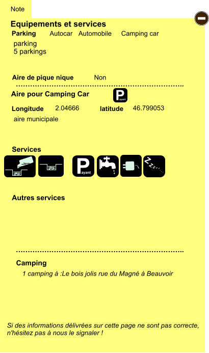 Equipements et services Aire de pique nique  Note Autocar Automobile Camping car Parking Aire pour Camping Car  Camping Longitude latitude Si des informations délivrées sur cette page ne sont pas correcte,  n'hésitez pas à nous le signaler !  1 camping à :Le bois jolis rue du Magné à Beauvoir         …………………………………………………………….. …………………………………………………………….. Non  2.04666 46.799053  Autres services  Services P ayant - P ayant Z Z Z Z Z Z Z Z parking 5 parkings aire municipale