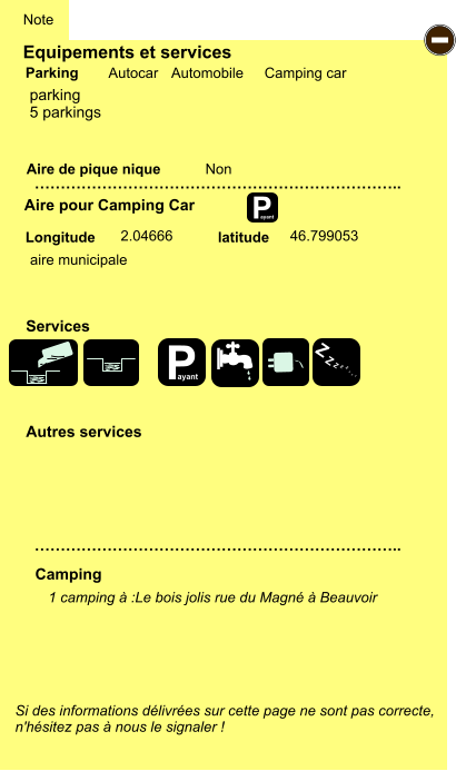 Equipements et services Aire de pique nique  Note Autocar Automobile Camping car Parking Aire pour Camping Car  Camping Longitude latitude Si des informations délivrées sur cette page ne sont pas correcte,  n'hésitez pas à nous le signaler !  1 camping à :Le bois jolis rue du Magné à Beauvoir         …………………………………………………………….. …………………………………………………………….. Non  2.04666 46.799053  Autres services  Services P ayant - P ayant Z Z Z Z Z Z Z Z parking 5 parkings aire municipale