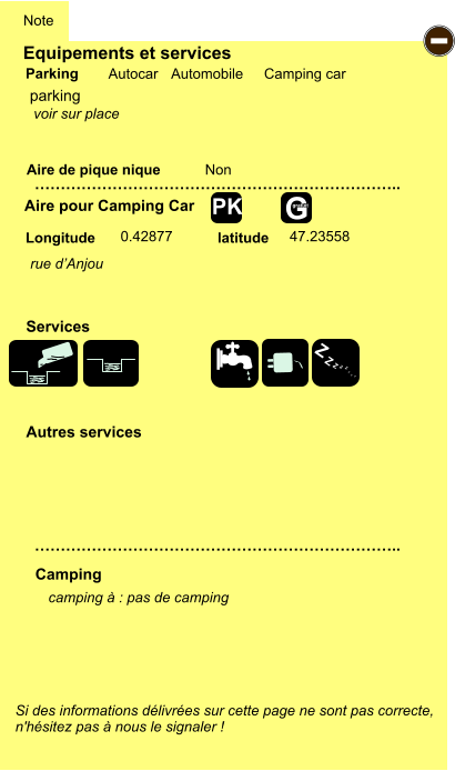 Equipements et services Aire de pique nique  Note Autocar Automobile Camping car Parking Aire pour Camping Car  Camping Longitude latitude Si des informations délivrées sur cette page ne sont pas correcte,  n'hésitez pas à nous le signaler !  camping à : pas de camping      …………………………………………………………….. …………………………………………………………….. Non  0.42877 47.23558  Autres services  Services - Z Z Z Z Z Z Z Z G gratuit PK parking rue d’Anjou voir sur place