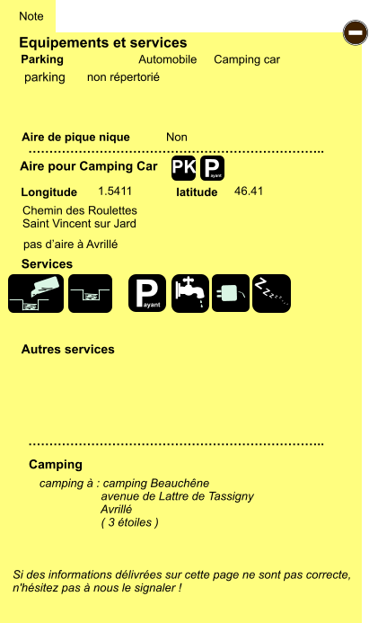 Equipements et services Aire de pique nique  Note Automobile Camping car Parking Aire pour Camping Car  Camping Longitude latitude Si des informations délivrées sur cette page ne sont pas correcte,  n'hésitez pas à nous le signaler !  camping à : camping Beauchêne                    avenue de Lattre de Tassigny                    Avrillé                    ( 3 étoiles )    …………………………………………………………….. …………………………………………………………….. Non  1.5411 46.41  Autres services  Services P ayant - P ayant Z Z Z Z Z Z Z Z PK parking Chemin des Roulettes Saint Vincent sur Jard pas d’aire à Avrillé non répertorié