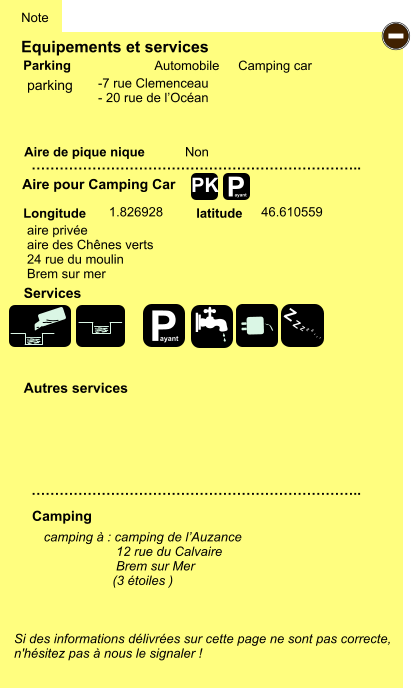 Equipements et services Aire de pique nique  Note Automobile Camping car Parking Aire pour Camping Car  Camping Longitude latitude Si des informations délivrées sur cette page ne sont pas correcte,  n'hésitez pas à nous le signaler !  camping à : camping de l’Auzance                     12 rue du Calvaire                     Brem sur Mer                    (3 étoiles )      …………………………………………………………….. …………………………………………………………….. Non  1.826928 46.610559  Autres services  Services P ayant - P ayant Z Z Z Z Z Z Z Z PK parking aire privée aire des Chênes verts 24 rue du moulin Brem sur mer -7 rue Clemenceau - 20 rue de l’Océan