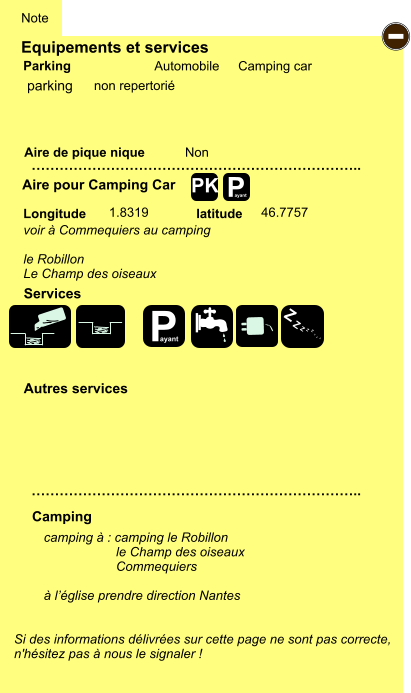 Equipements et services Aire de pique nique  Note Automobile Camping car Parking Aire pour Camping Car  Camping Longitude latitude Si des informations délivrées sur cette page ne sont pas correcte,  n'hésitez pas à nous le signaler !  camping à : camping le Robillon                     le Champ des oiseaux                     Commequiers  à l’église prendre direction Nantes   …………………………………………………………….. …………………………………………………………….. Non  1.8319 46.7757  Autres services  Services P ayant - P ayant Z Z Z Z Z Z Z Z PK parking voir à Commequiers au camping  le Robillon Le Champ des oiseaux non repertorié