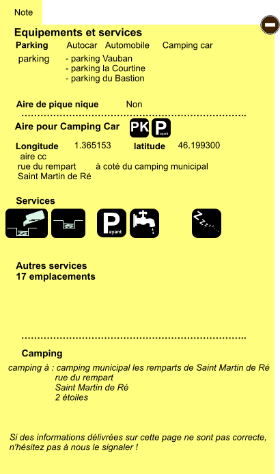 Equipements et services Aire de pique nique  Note Autocar Automobile Camping car Parking Aire pour Camping Car  Camping Longitude latitude Si des informations délivrées sur cette page ne sont pas correcte,  n'hésitez pas à nous le signaler !  camping à : camping municipal les remparts de Saint Martin de Ré                    rue du rempart                    Saint Martin de Ré                    2 étoiles       …………………………………………………………….. …………………………………………………………….. Non  1.365153 46.199300  Autres services 17 emplacements Services P ayant - P ayant Z Z Z Z Z Z Z Z PK parking  aire cc  rue du rempart        à coté du camping municipal Saint Martin de Ré  - parking Vauban - parking la Courtine - parking du Bastion