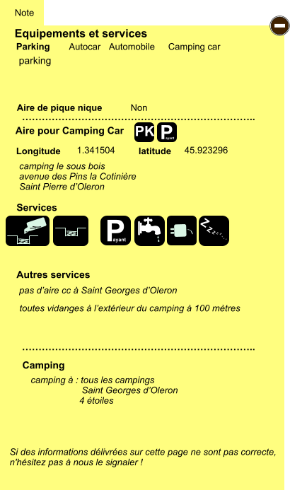 Equipements et services Aire de pique nique  Note Autocar Automobile Camping car Parking Aire pour Camping Car  Camping Longitude latitude Si des informations délivrées sur cette page ne sont pas correcte,  n'hésitez pas à nous le signaler !  camping à : tous les campings                      Saint Georges d’Oleron                    4 étoiles       …………………………………………………………….. …………………………………………………………….. Non  1.341504 45.923296  Autres services  Services P ayant - P ayant Z Z Z Z Z Z Z Z PK parking camping le sous bois avenue des Pins la Cotinière Saint Pierre d’Oleron  toutes vidanges à l’extérieur du camping à 100 mètres pas d’aire cc à Saint Georges d’Oleron