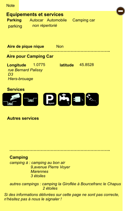 Equipements et services Aire de pique nique  Note Autocar Automobile Camping car Parking Aire pour Camping Car  Camping Longitude latitude Si des informations délivrées sur cette page ne sont pas correcte,  n'hésitez pas à nous le signaler !  autres campings : camping la Giroflée à Bourcefranc le Chapus          2 étoiles   …………………………………………………………….. …………………………………………………………….. Non  1.0775 45.8528  Autres services  Services - P ayant Z Z Z Z Z Z Z Z parking rue Bernard Palissy D3 Hiers-brouage non répertorié camping à : camping au bon air                    9,avenue Pierre Voyer                    Marennes                    3 étoiles
