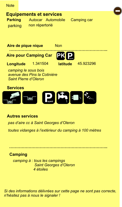Equipements et services Aire de pique nique  Note Autocar Automobile Camping car Parking Aire pour Camping Car  Camping Longitude latitude Si des informations délivrées sur cette page ne sont pas correcte,  n'hésitez pas à nous le signaler !  camping à : tous les campings                      Saint Georges d’Oleron                    4 étoiles       …………………………………………………………….. …………………………………………………………….. Non  1.341504 45.923296  Autres services  Services P ayant - P ayant Z Z Z Z Z Z Z Z PK parking camping le sous bois avenue des Pins la Cotinière Saint Pierre d’Oleron  toutes vidanges à l’extérieur du camping à 100 mètres pas d’aire cc à Saint Georges d’Oleron non répertorié