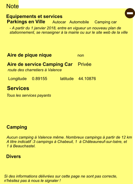 Equipements et services Aire de pique nique Note Autocar Automobile Camping car Parkings en Ville Aire de service Camping Car    Privée   non Camping  Aucun camping à Valence même. Nombreux campings à partir de 12 km A titre indicatif :3 campings à Chabeuil, 1  à Châteauneuf-sur-Isère, et 1 à Beauchastel. Longitude latitude 0.89155 44.10876 Si des informations délivrées sur cette page ne sont pas correcte,  n'hésitez pas à nous le signaler !  Divers - A partir du 1 janvier 2018, entre en vigueur un nouveau plan de  stationnement, se renseigner à la mairie ou sur le site web de la ville    route des charretiers à Valence Services Tous les services payants -