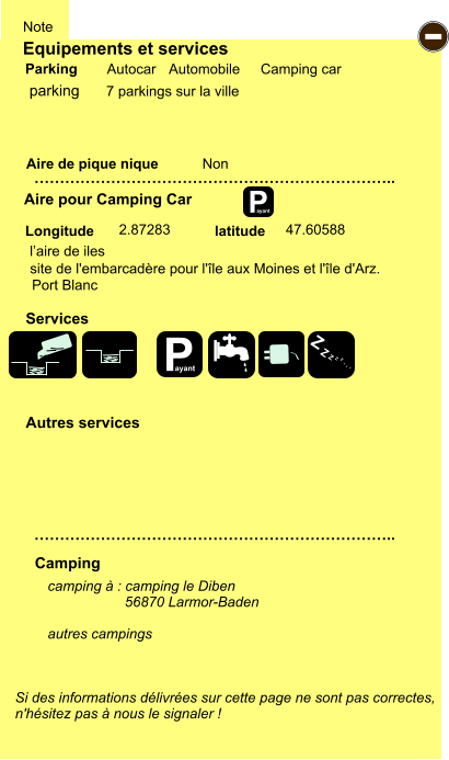 Equipements et services Aire de pique nique  Note Autocar Automobile Camping car Parking Aire pour Camping Car  Camping Longitude latitude Si des informations délivrées sur cette page ne sont pas correctes,  n'hésitez pas à nous le signaler !  camping à : camping le Diben 	         56870 Larmor-Baden  autres campings    …………………………………………………………….. …………………………………………………………….. Non  2.87283 47.60588  Autres services  Services P ayant - P ayant Z Z Z Z Z Z Z Z parking 7 parkings sur la ville l’aire de iles site de l'embarcadère pour l'île aux Moines et l'île d'Arz. Port Blanc