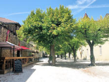 Saint-Antoine-l'abbaye : grande cour de l'abbaye avec des tilleuls