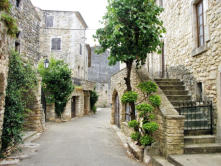 Aiguèze : maisons et ruelle arborée